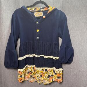 Macky & Lacey Women's M Boho Hooded Tunic Top Navy Mixed Media Floral Ruffle Hem